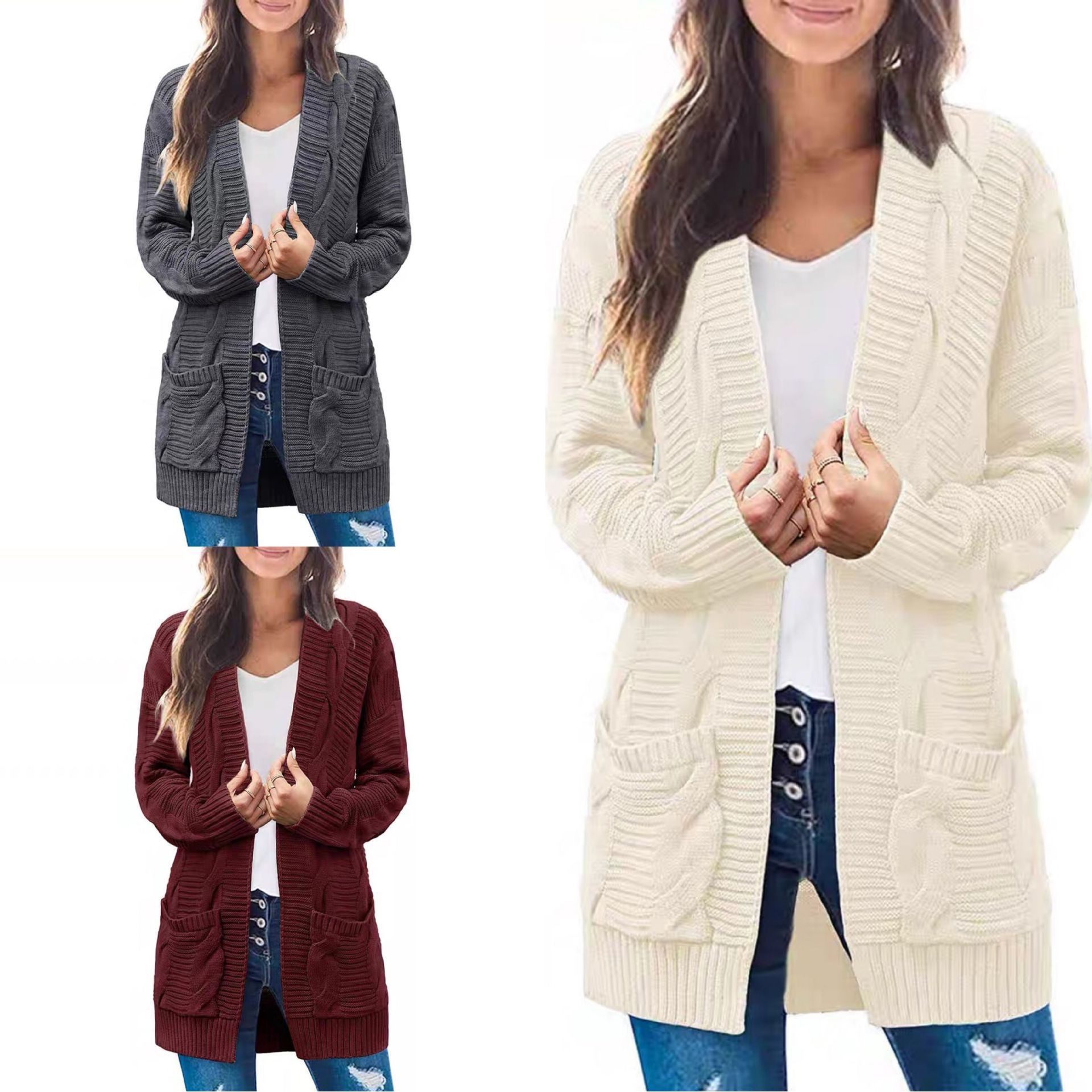 外贸大码女装外套 跨境亚马逊秋冬新款麻花双口袋开衫毛衣中长款