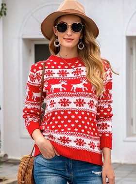 秋冬速卖通亚马逊毛衣女欧美圣诞红色圆领小鹿雪花提花套头针织衫