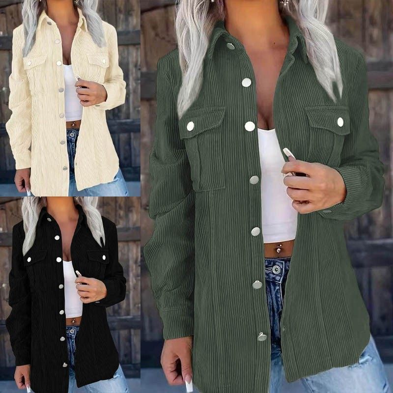 欧美亚马逊跨境秋冬新款纯色灯芯绒翻领开衫宽松休闲气质外套女装