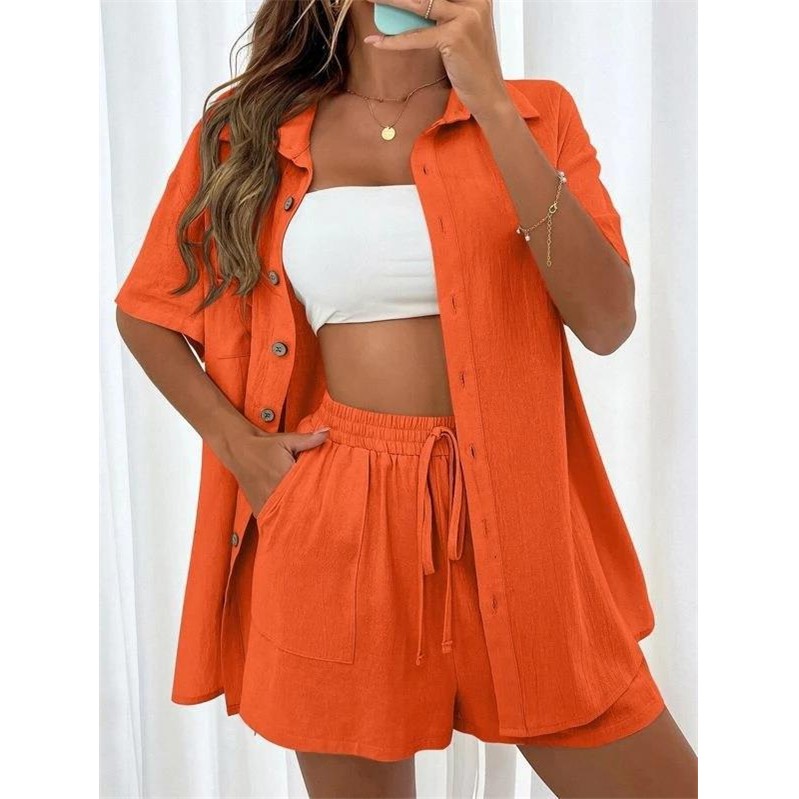 跨境速卖通时尚短裤两件纯色衬衫套装女休闲宽松短袖单排扣