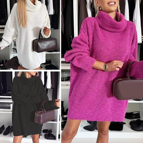 大码慵懒风套头长袖中长款高领毛衣女秋冬宽松显瘦针织外穿上衣