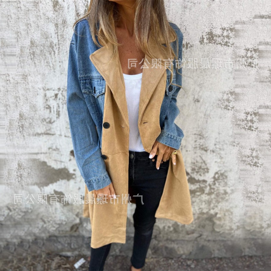 亚马逊秋冬新款跨境欧美时尚外贸女装西装领牛仔拼接中长款外