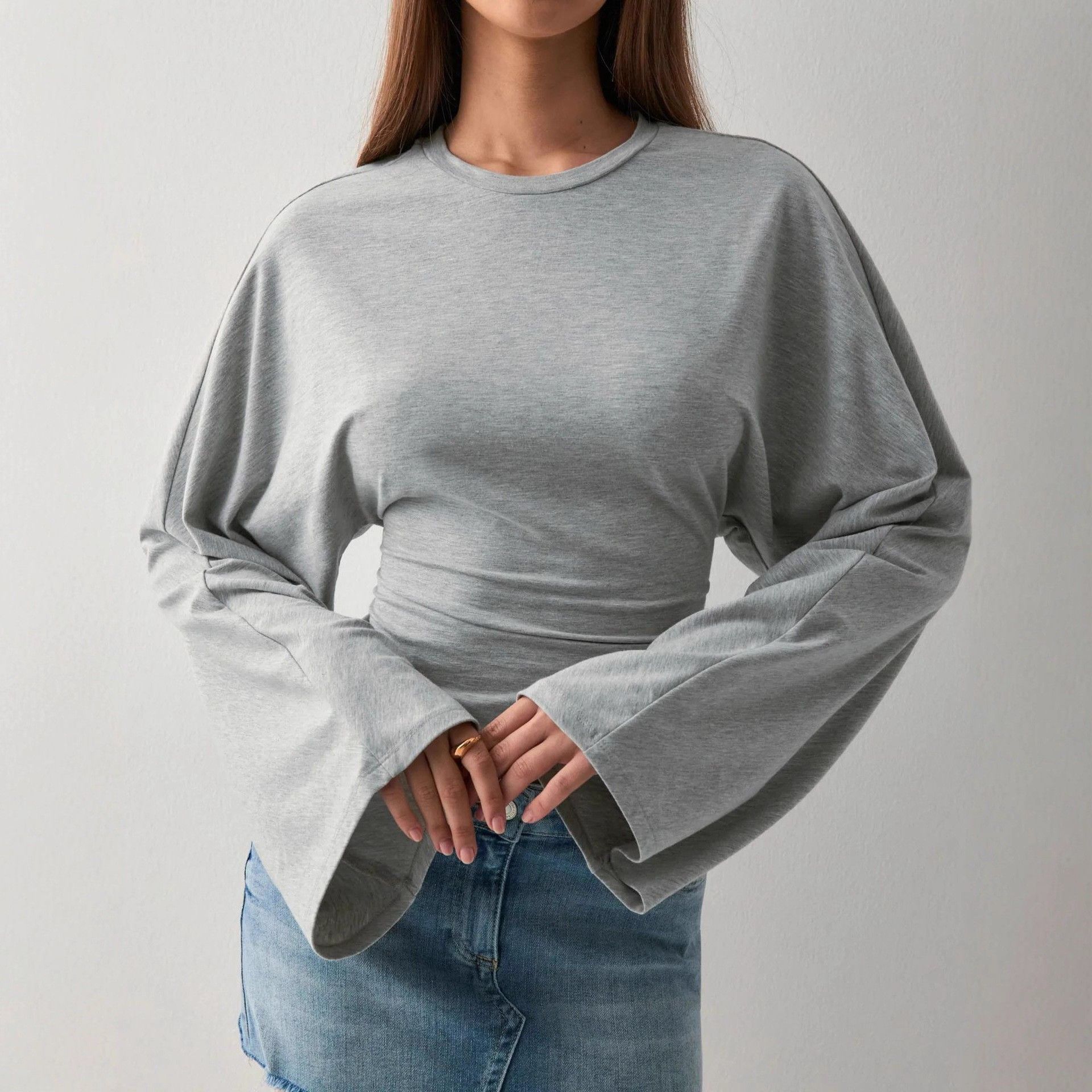 欧美跨境秋季新款女装亚马逊气质纯色圆领长袖收腰休闲上衣