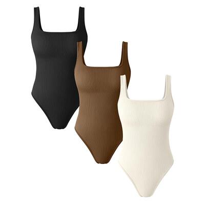 Bodysuits Sexy Ribbed Square Neck Basic Stretch 无缝塑身衣