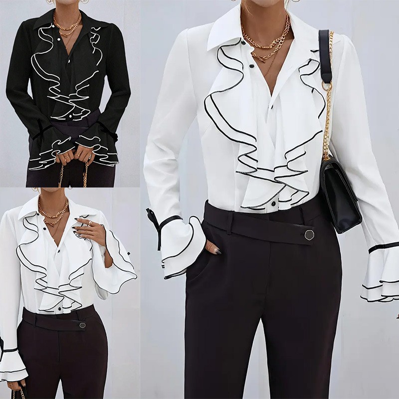 欧美跨境春季新款女士纯色休闲荷叶边喇叭袖衬衫上衣