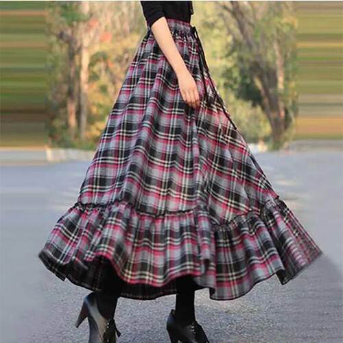 黑色格子印花大摆伞裙 Sweet black plaid print parachute dress