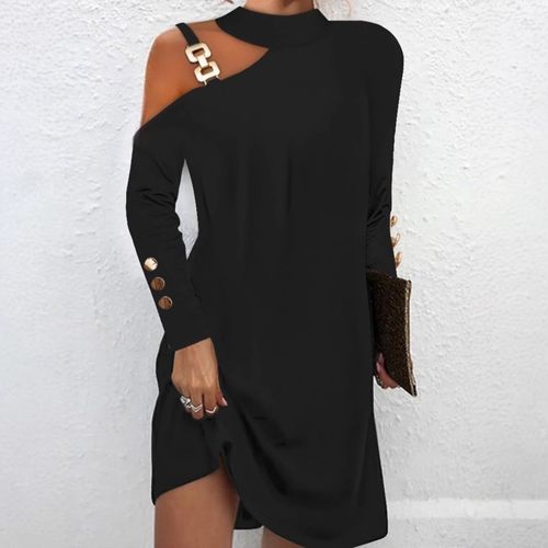 独立站亚马逊爆款 秋季简约金属扣挂脖纽扣连衣裙女装