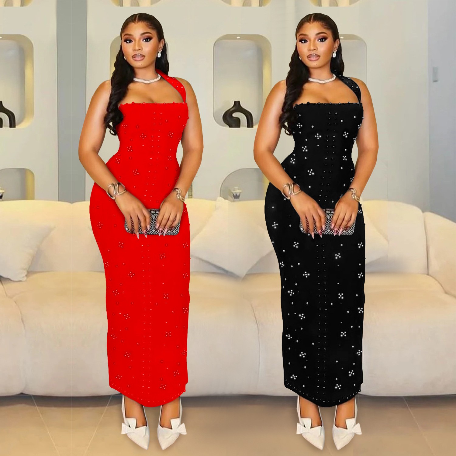 跨境速卖通亚马逊欧美时尚女装挂脖烫钻泡珠修身包臀连衣裙