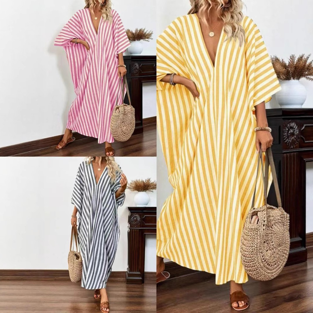 跨境亚马逊欧美夏季新款时尚宽松休闲领条纹长款连衣裙