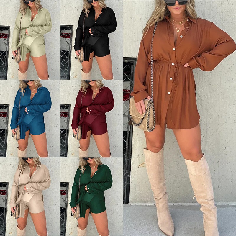 亚马逊跨境外贸新款女士纯色缎面时尚休闲系带衬衫连体短裤