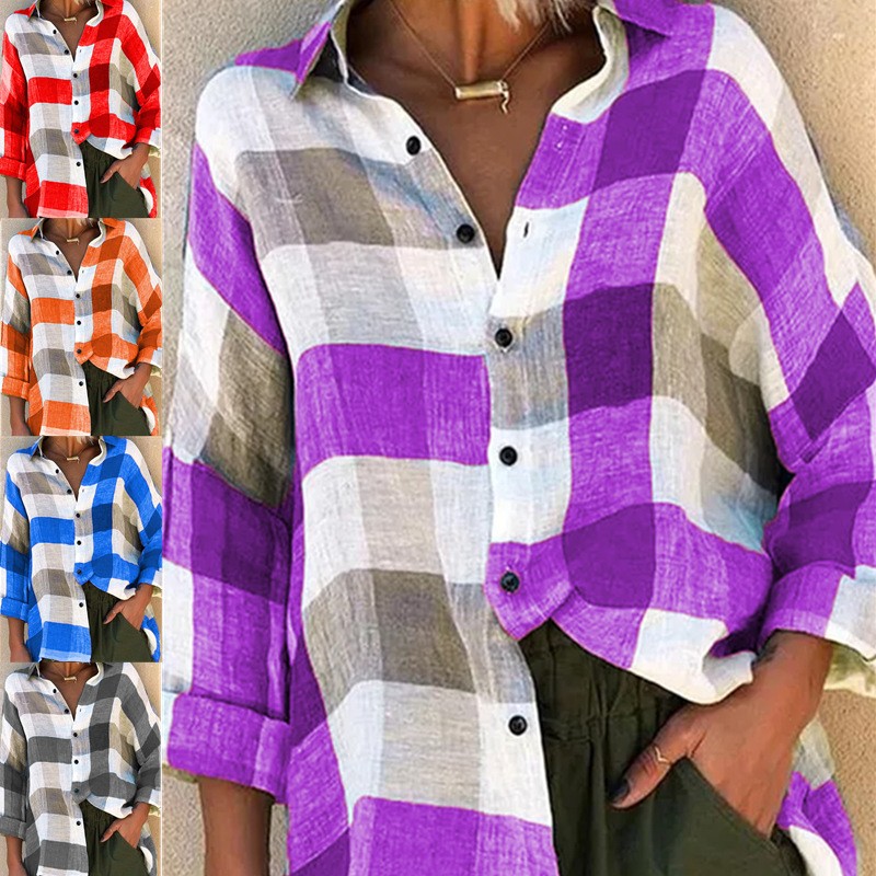 秋冬欧美跨境女装印花长袖衬衫宽松格子衬衣