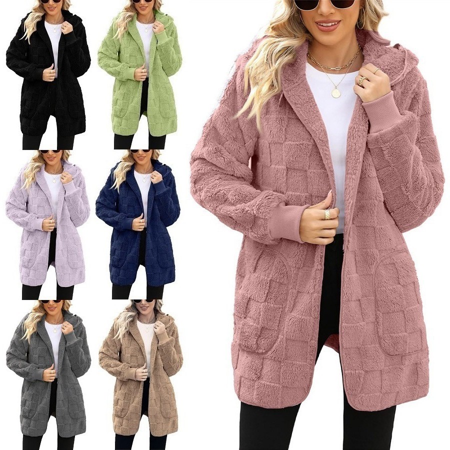 毛绒家居服欧美亚马逊跨境女装秋冬格子毛绒开衫毛毛休闲外套女