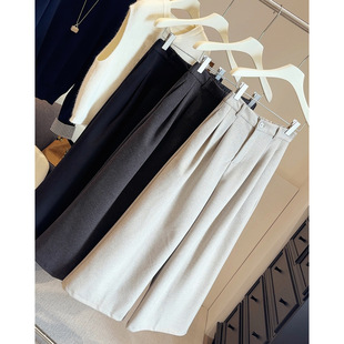 小个子加厚毛呢阔腿长裤女秋冬25新款高腰宽松休闲窄版直筒九分裤