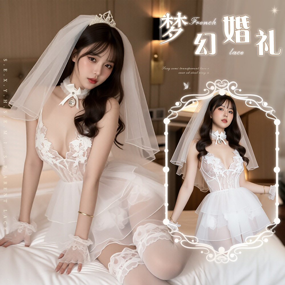 夜听香情趣内衣蕾丝网纱透视性感深V镂空衣女新娘装-单独白手套