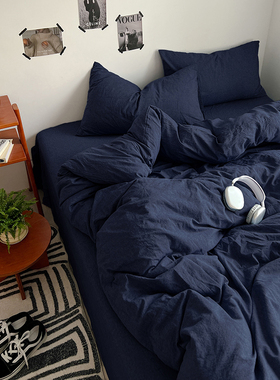 克莱因蓝~ins日式水洗棉麻床上四件套被套床笠学生宿舍床单三件套