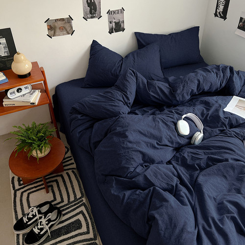 克莱因蓝~ins日式水洗棉麻床上四件套被套床笠学生宿舍床单三件套