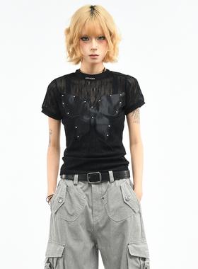 OV原创/亚文化辣妹性感镂空短袖T恤女夏季蝴蝶刺绣修身短款上衣潮