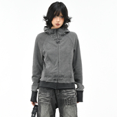 复古条纹修身 连帽卫衣女秋季 街头休闲短款 OV原创美式 开衫 外套上衣