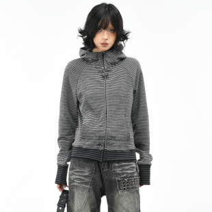 开衫 OV原创美式 街头休闲短款 连帽卫衣女春季 外套上衣 复古条纹修身