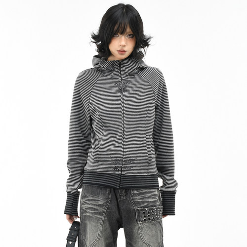 原创美式复古条纹修身连帽卫衣潮