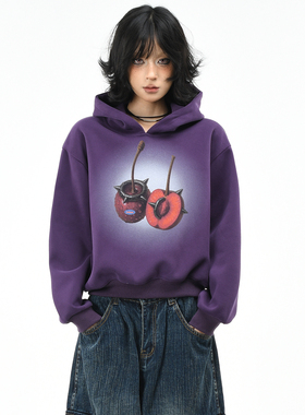 OV原创/美式复古樱桃印花水洗连帽卫衣女秋季y2k短款显瘦套头上衣