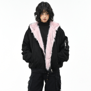 OV原创美式 宽松座山雕加厚棉袄外套男 麂皮绒双面穿连帽棉服女冬季