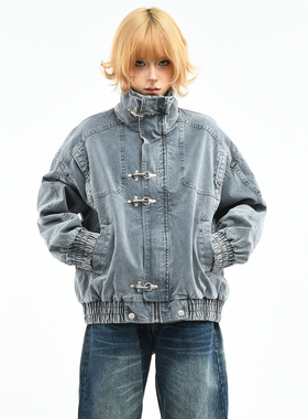 OV原创美式复古解构做旧牛仔外套女春季宽松飞机扣设计短款夹克男