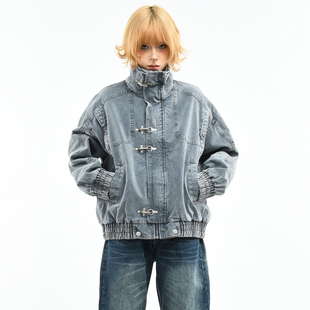 OV原创美式复古解构做旧牛仔外套女春季宽松飞机扣设计短款夹克男