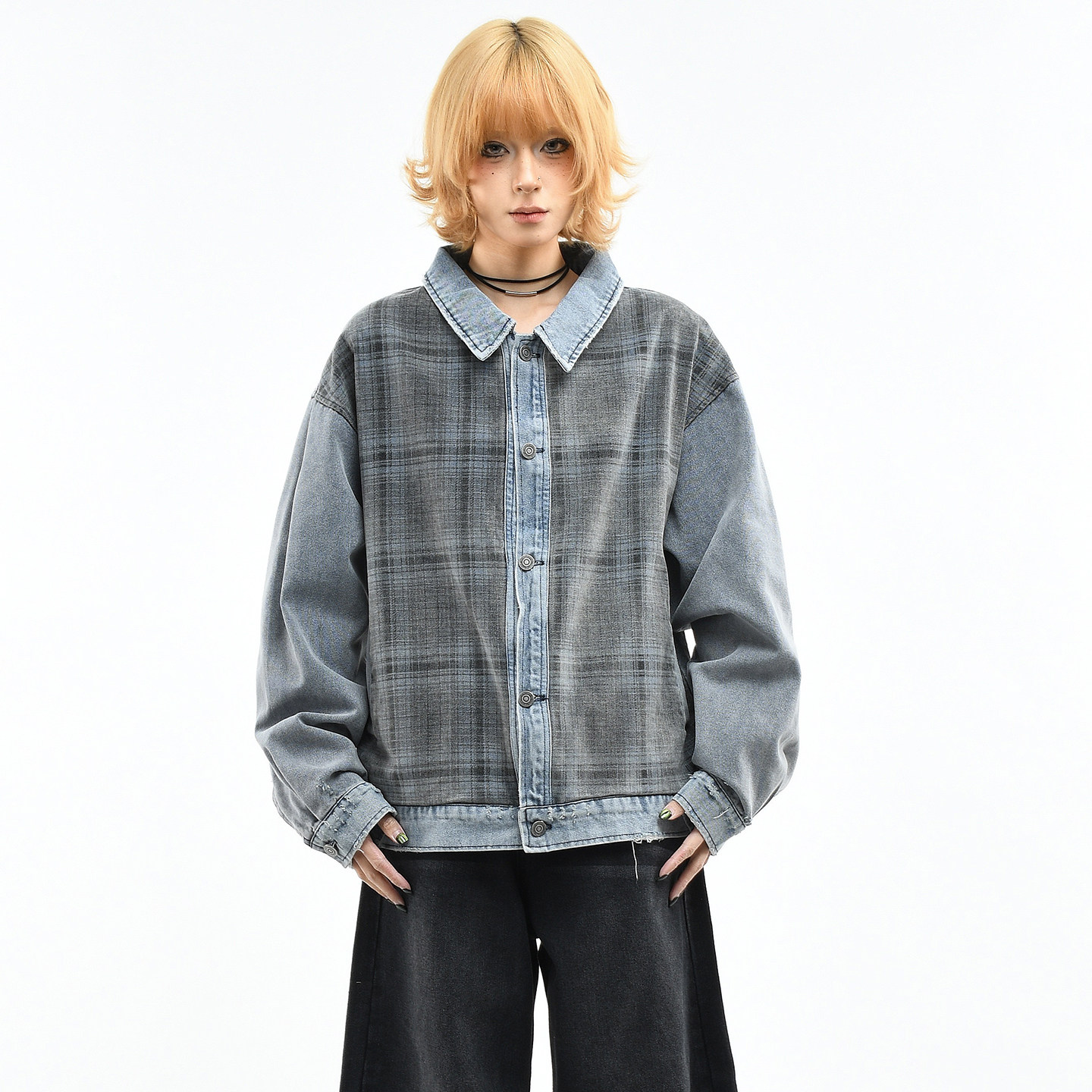 OV原创美式复古格纹拼接做旧水洗牛仔外套女春季宽松休闲夹克男潮,女装/女士精品,短外套,淘宝优惠券,粉丝福利购,淘宝优惠卷