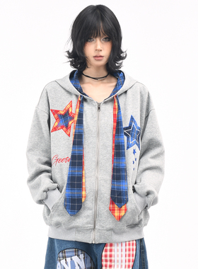 OV原创美式复古格子贴布绣连帽卫衣女秋季宽松领带设计开衫外套男