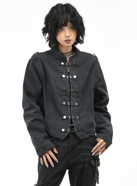 OV原创亚比风朋克金属扣做旧立领外套女秋季复古宽松短款夹克上衣