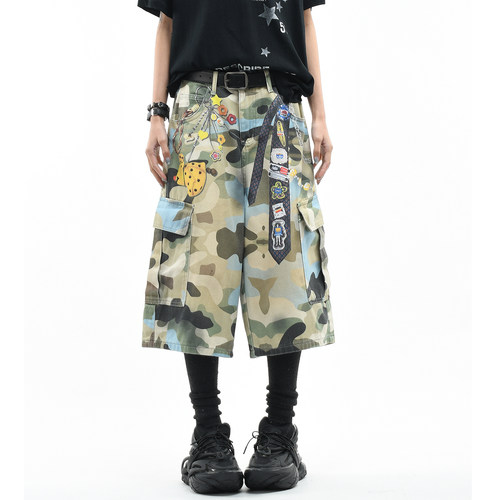 原创美式迷彩3D印花工装七分裤潮