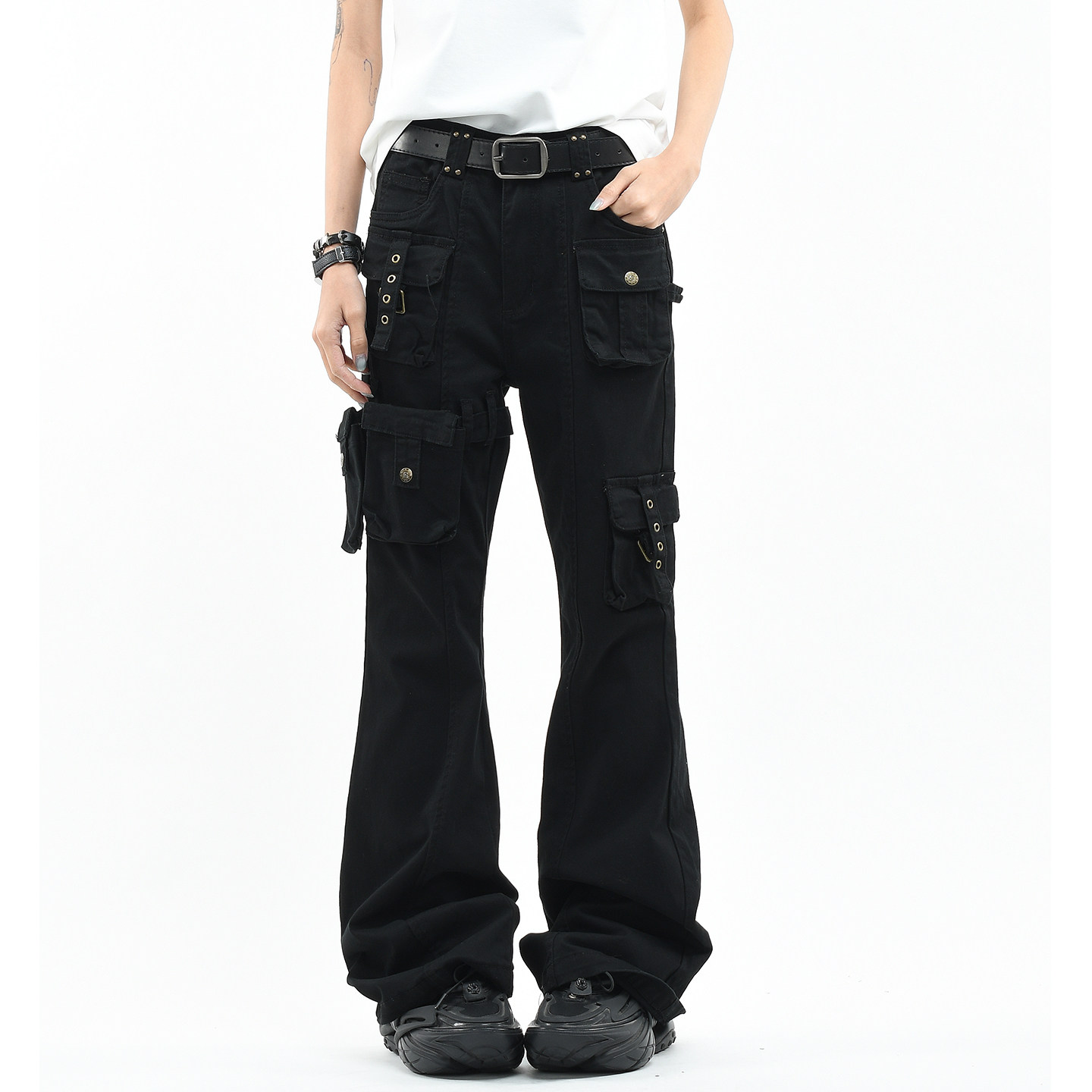 OV原创美式古铜扣铆钉多口袋工装裤男女直筒机能显瘦微喇叭休闲裤