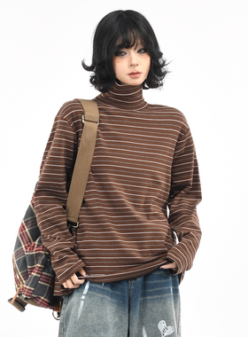 OV原创/美式老钱风条纹高领长袖T恤男女秋季宽松百搭打底衫上衣潮