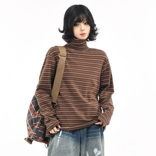T恤男女秋季 OV原创 美式 老钱风条纹高领长袖 上衣潮 宽松百搭打底衫