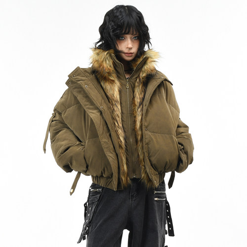 原创美式复古假两件拼接毛领棉服