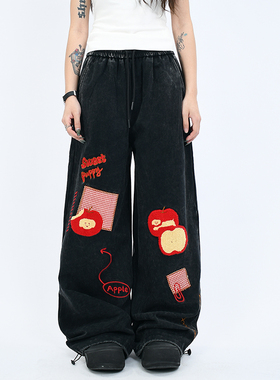 OV原创美式趣味苹果植绒刺绣直筒休闲裤女潮牌做旧水洗宽松长裤子