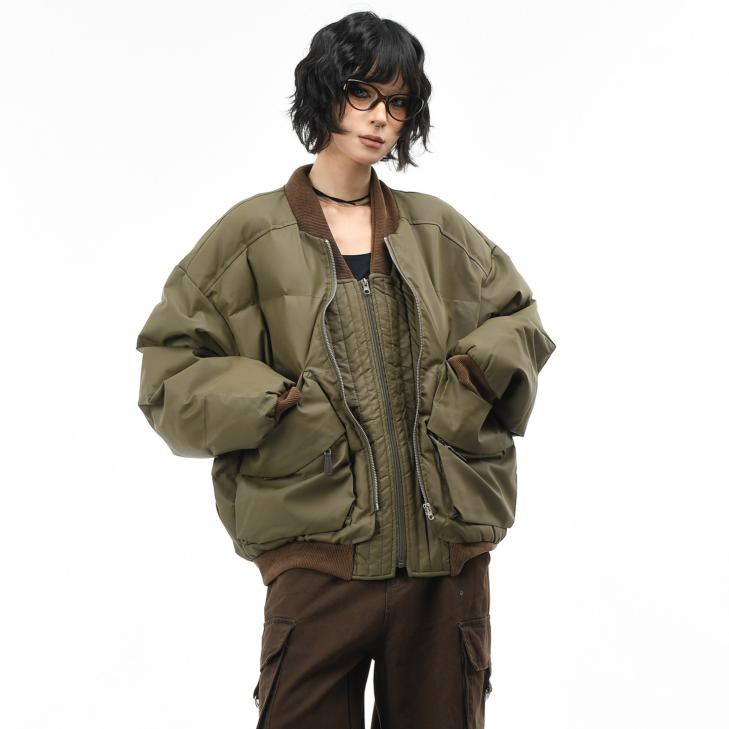 OV原创美式假两件拼接立领工装棉衣外套女冬季宽松PU皮面包棉服男