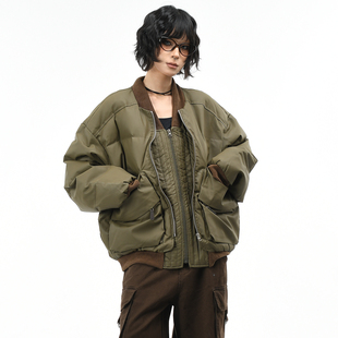 宽松PU皮面包棉服男 棉衣外套女冬季 OV原创美式 假两件拼接立领工装