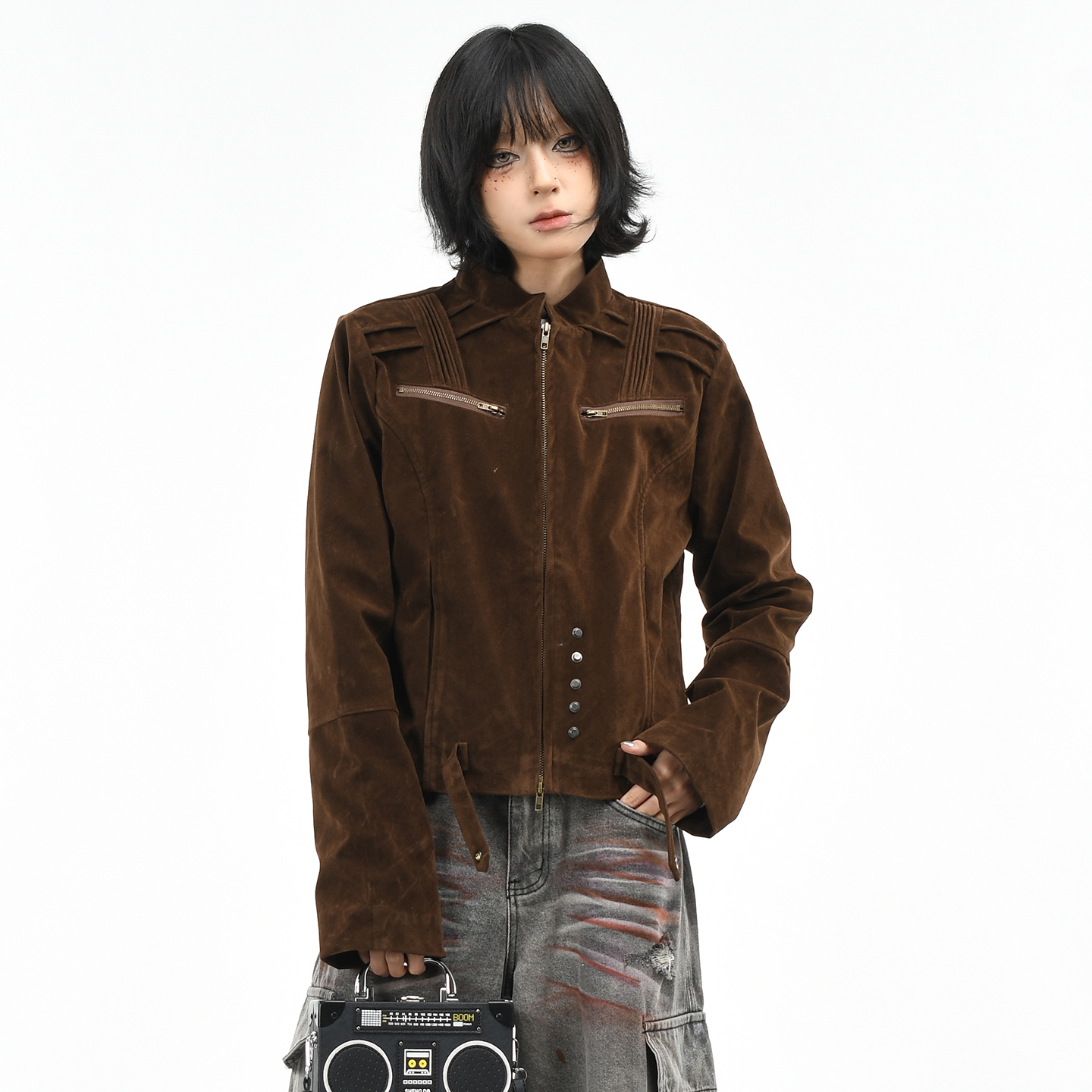 原创美式复古摩登绒皮工艺外套潮