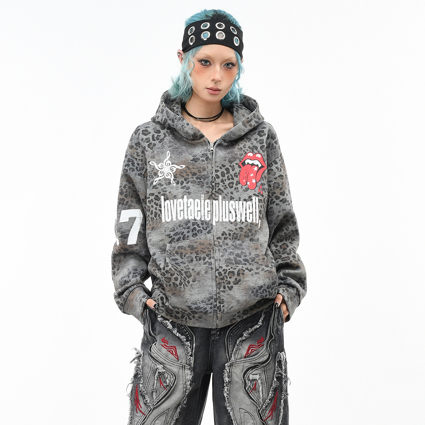OV原创美式豹纹滚石印花连帽卫衣男女秋季宽松亚文化潮牌开衫外套