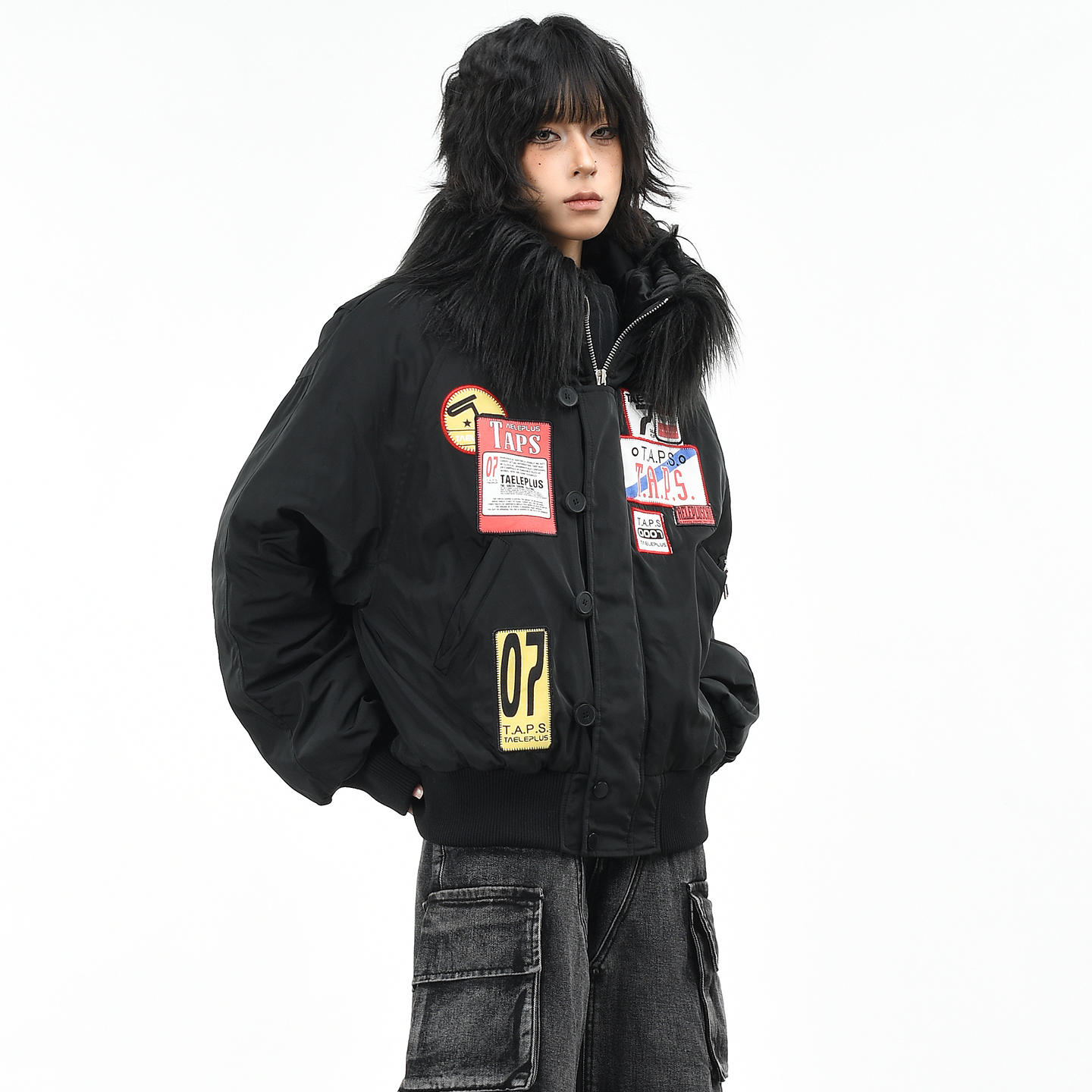 原创美式徽章贴布刺绣毛领棉服潮