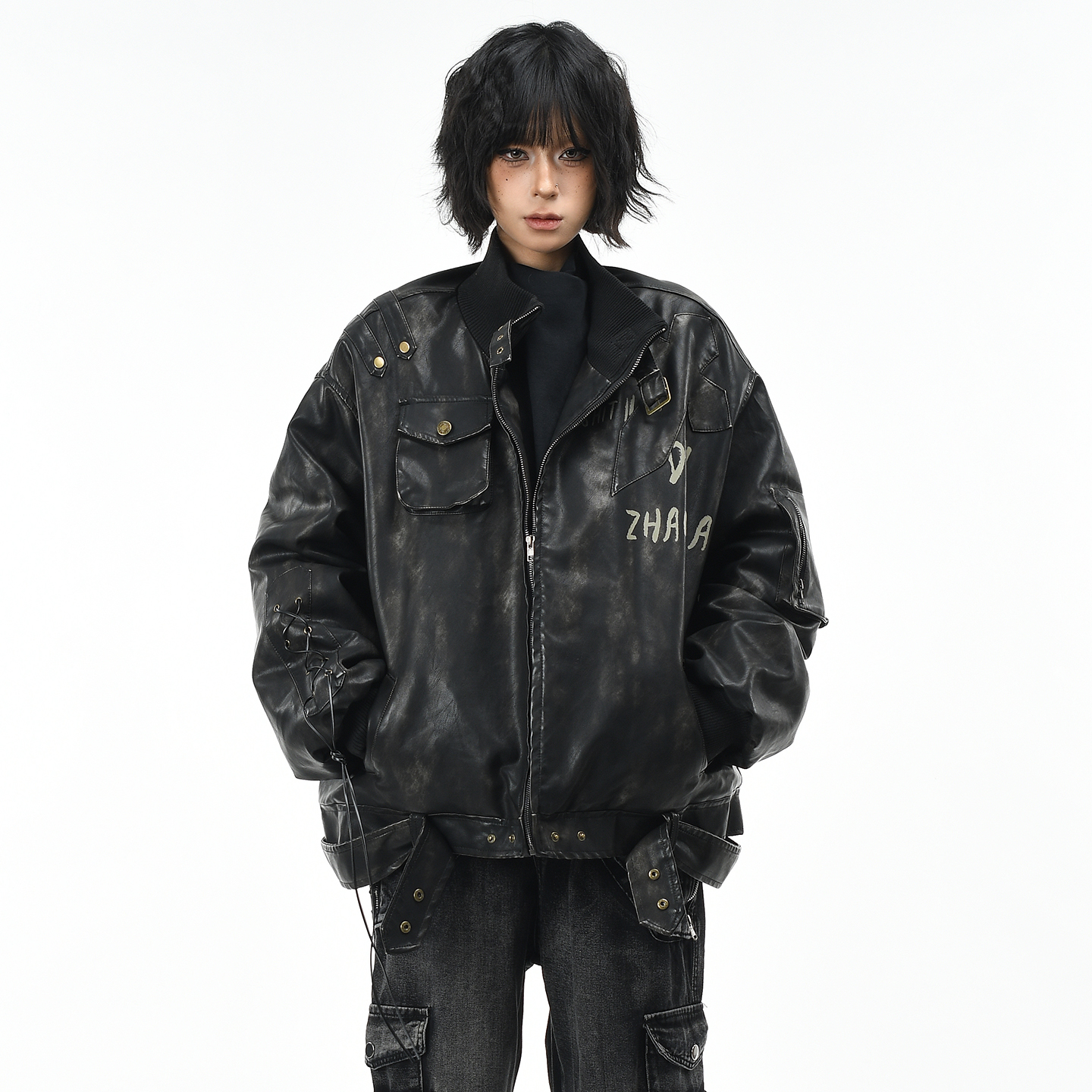 原创美式机车风PU皮衣棉服外套潮