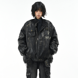 OV原创美式机车风PU皮衣棉服外套女冬季复古宽松多口袋重工棉衣男