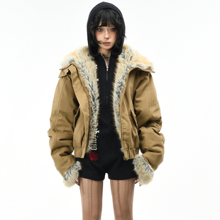 OV原创美式复古座山雕毛领短款棉服外套女冬季宽松保暖棉衣棉袄潮