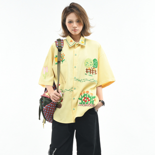 OV原创趣味花草重工刺绣短袖衬衫女夏季宽松学院风情侣休闲衬衣潮