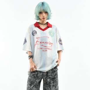 女夏季 OV原创 POLO衫 复古球衣短袖 宽松撞色条纹休闲翻领T恤男 美式