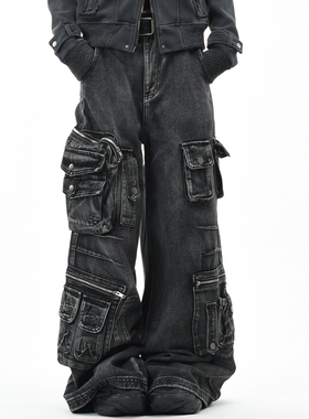 OV原创美式工装重磅多口袋水洗牛仔裤男女宽松阔腿高街机能长裤潮