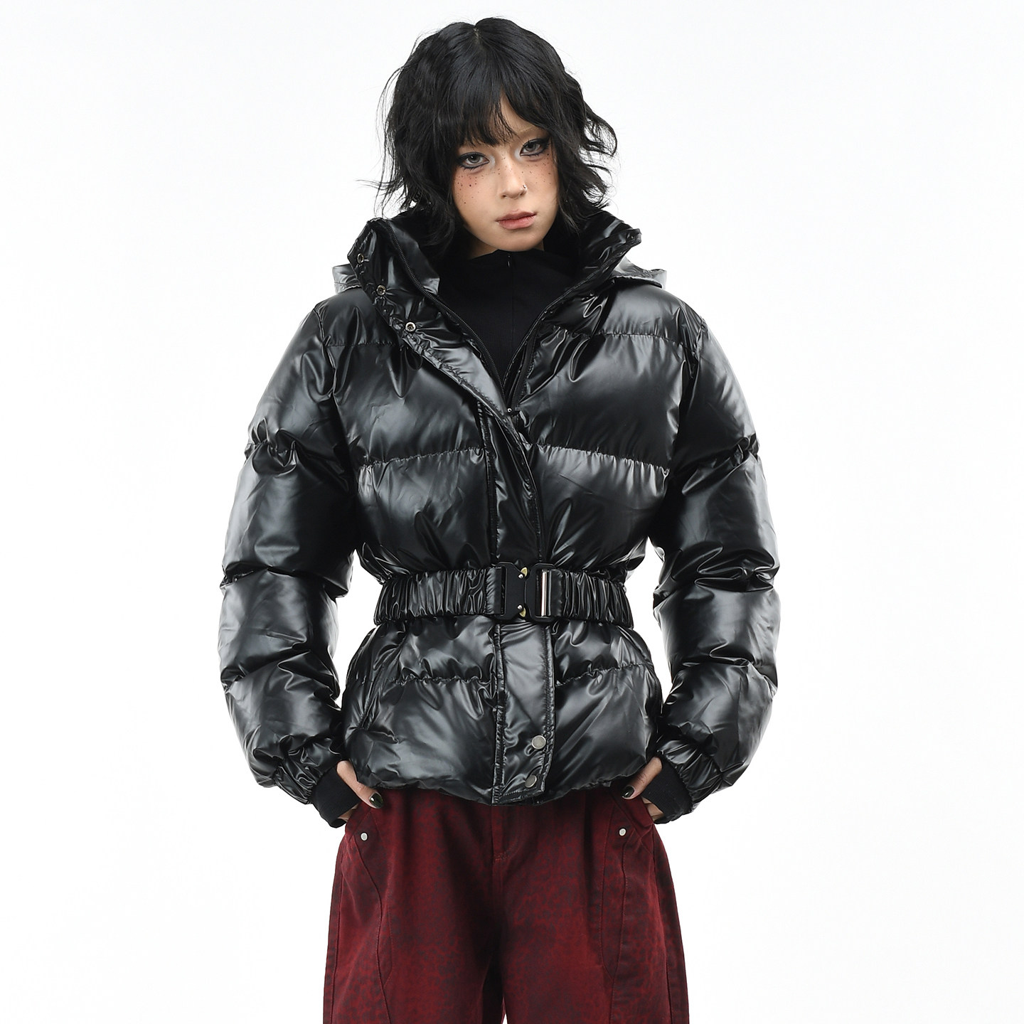 OV原创美式亮面PU皮中长款棉服外套女冬季修身皮带束腰加厚棉衣潮