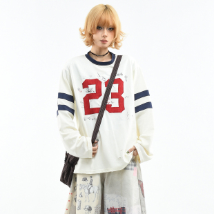 T恤女春季 街头23号数字刺绣撞色长袖 宽松情侣运动上衣 美式 OV原创